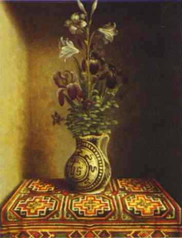 Oil painting:Still Life with a Jug with Flowers. The reverse side of the Portrait of a Praying Man.