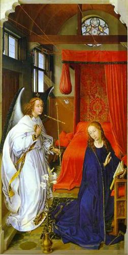 Oil painting:St. Columba Altarpiece. Annunciation. The left panel. c.1455