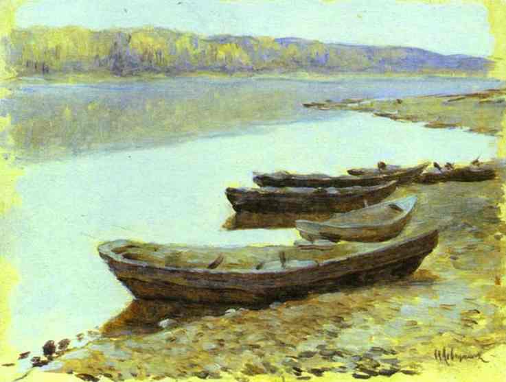Oil painting:Landscape on the Volga. Boats by the Riverbank.