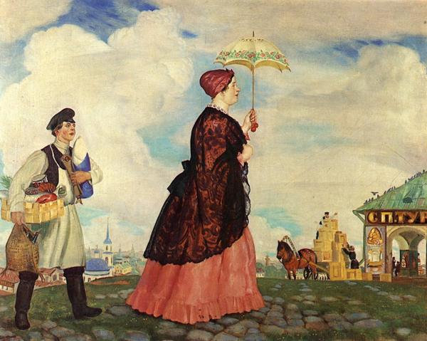 Oil painting: Mercahnt Wife with Purchases. 1920