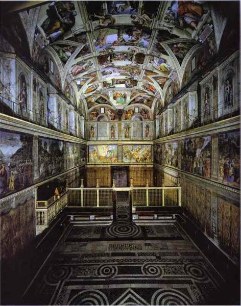 Oil painting:The interior of the Sistine Chapel showing the ceiling fresco. Sistine Chapel, Vatican