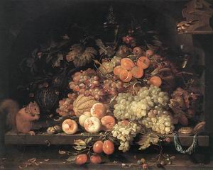 Fruit Still-Life with Squirrel and Goldfinch