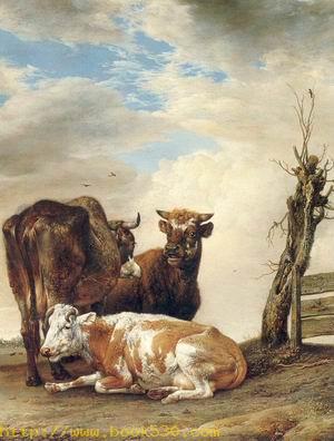 Two Cows & a Young Bull beside a Fence in a Meadow 1647
