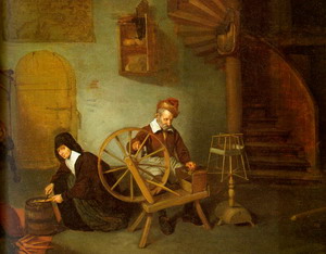 Man Spinning & Woman Scraping Carrots, 1653-54