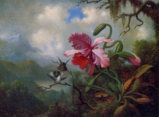 Martin Johnson Heade - Orchid and Hummingbirds near a Mountain Lake