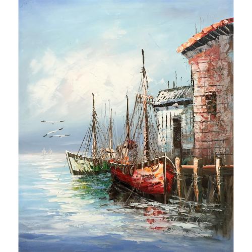 Original Oil Painting Painted by Hand Abstract Sea view Boat Artwork Wood Inside Framed Ready to