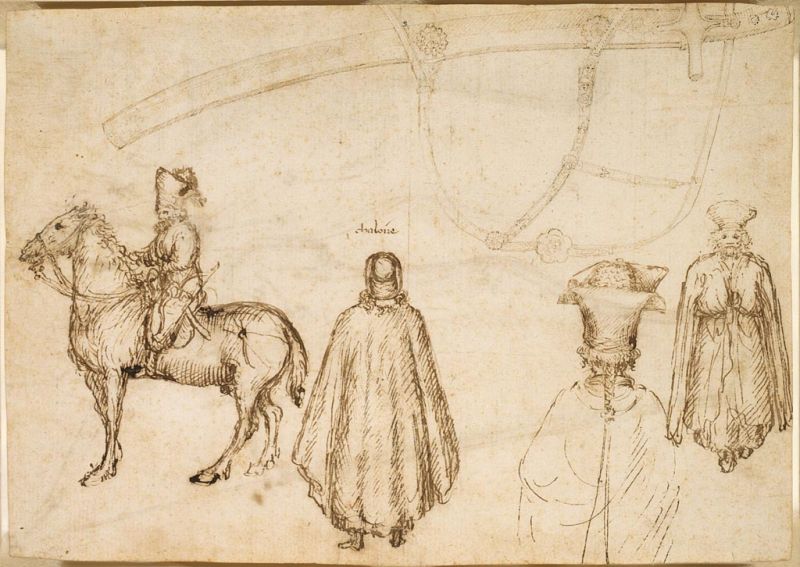 Sketches of the Emperor John VIII Palaeologus, a Monk, and a Scabbard