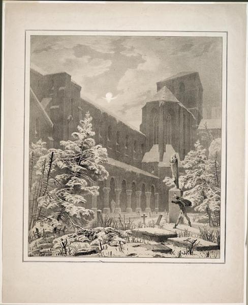 Church and Graveyard in the Snow by Moonlight