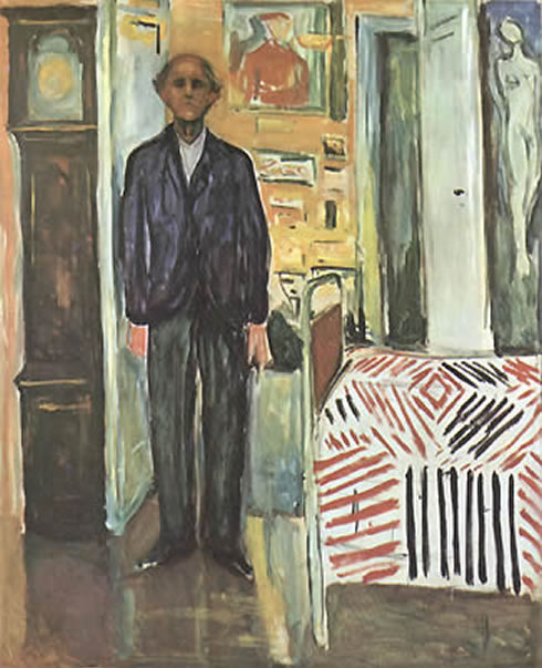 Self Portrait Between Bed and Clock