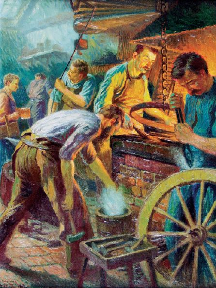 Six Workers in a Wheelwright's Forge