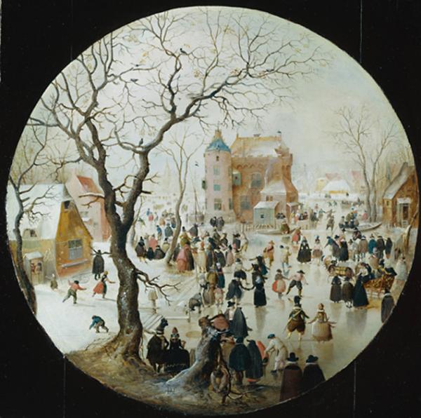 A Winter Scene With Skaters Near A Castle
