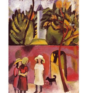 Auguste Macke Three Girls with a Dog in Front of the Garden Gate