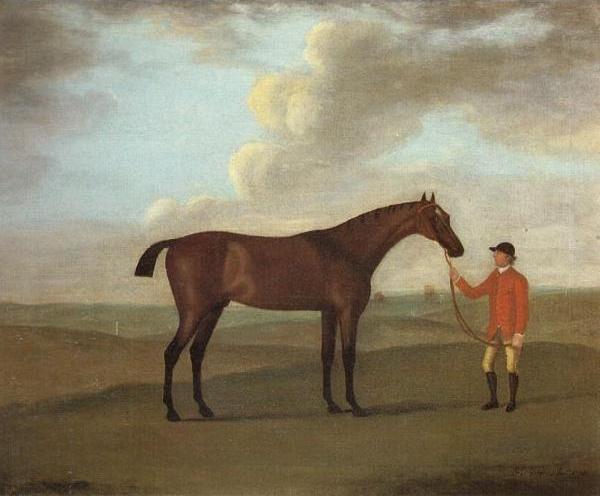 The Racehorse Basilimo Held by a Groom on a Racecourse
