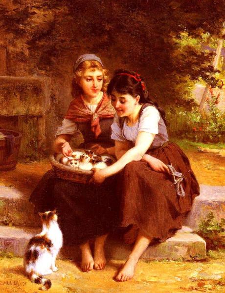 Deux Filles Avec Un Panier De Chatons