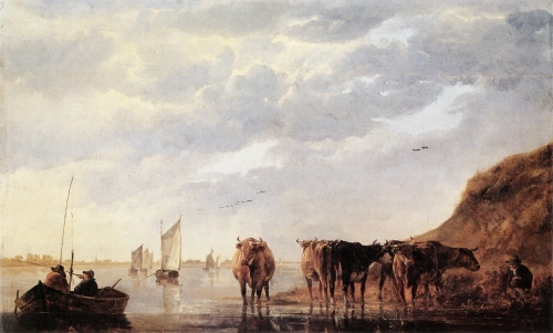 Herdsman with Five Cows by a River