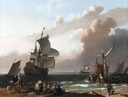 Coastal Scene with a Man-of-War and other Vessels