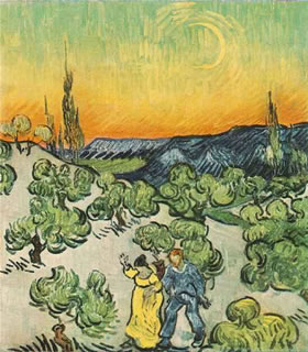 Landscape with Couple Walking and Crescent Moon