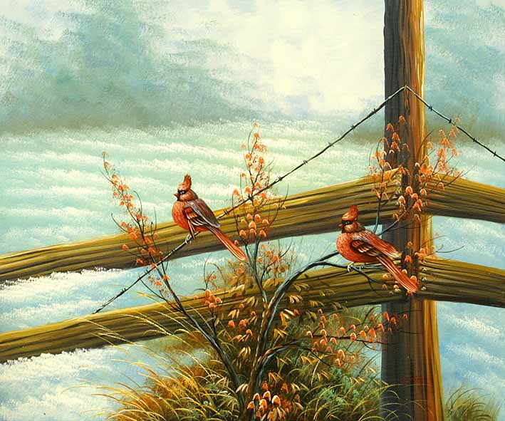 Red Finches Sitting At Barb Wire
