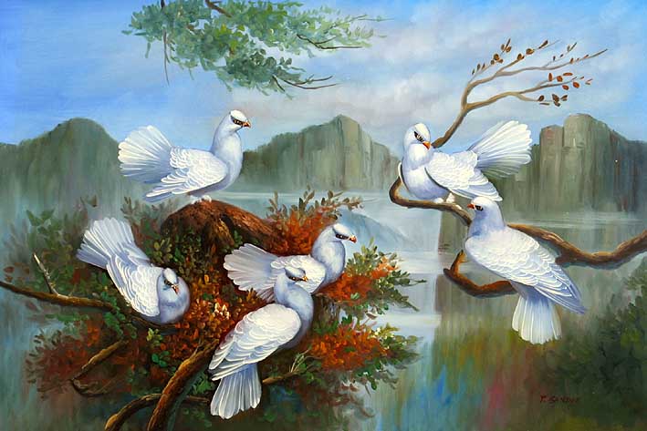 Pigeons Gathering In A Tree At The Lake