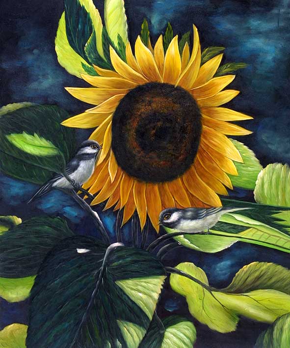 Azure Sits on Sunflower Leafs