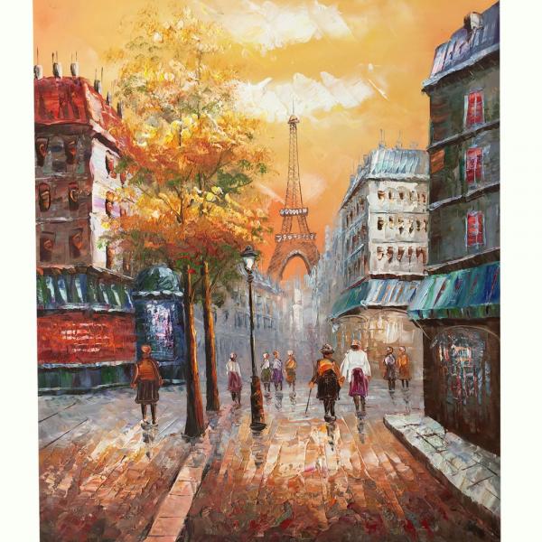 100% Hand-painted canvas oil painting, Paris Street View Eiffel Tower Wall Art for Bedroom Home