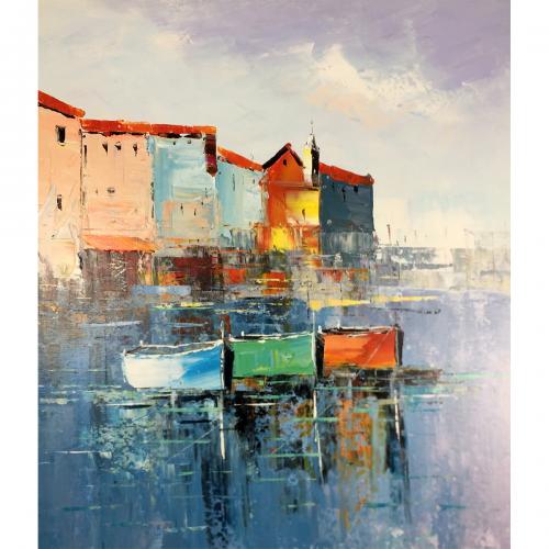Colorful Modern Abstract Oil Paintings On Canvas Three Boats Hand Painted Landscape Artwork Home