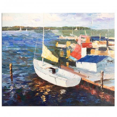 Hand Painted Abstract Sailboat Seascape Oil Paintings On Canvas Stretched and Framed Ready to Hang