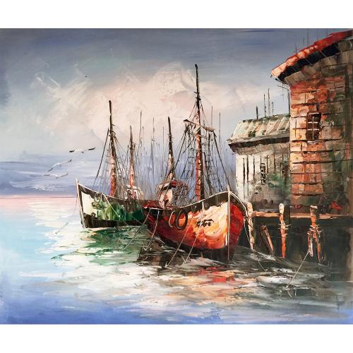 Original Oil Painting Painted by Hand Abstract Oil painting Sea view Boat 100% Hand-Painted On
