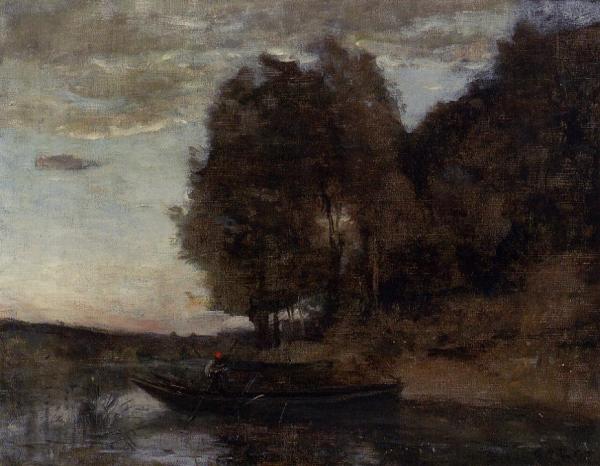 Fisherman Boating along a Wooded Landscape