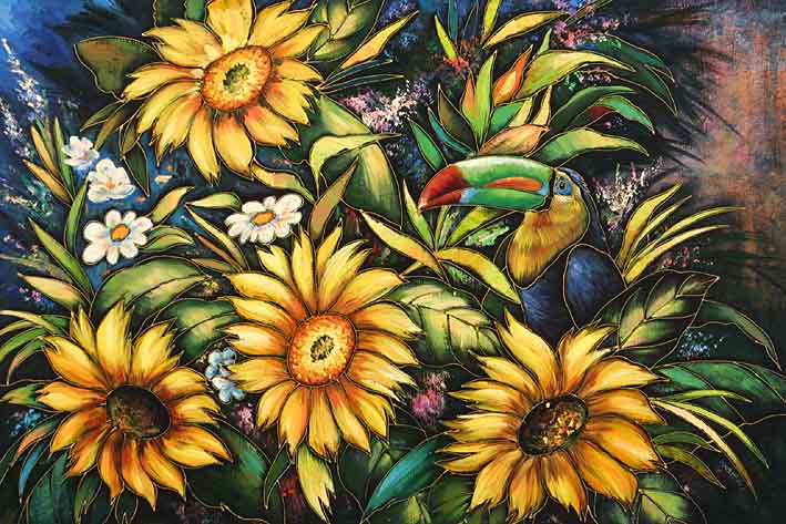 Toucan Camouflaged Among Flowers