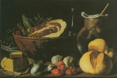 Bread, ham, vegetable Still life paintings