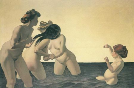 Three women and a girl in the water playing
