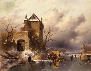 Skaters On A Frozen Lake By The Ruins Of A Castle
