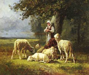 A Shepherdess With Her Flock In A Woodland Clearing