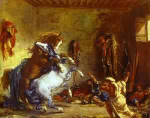 Arab Horses Fighting In A Stable 1860