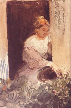 Young Woman Watering a Plant by the Window c 1847