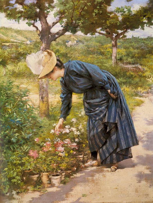 oil painting of woman who touches the flower