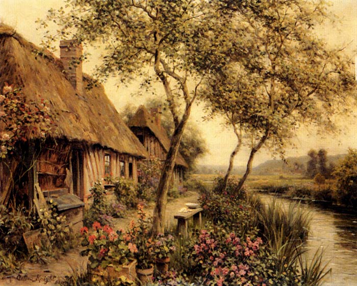 Oil Painting Reproduction of Knight- Cottages Beside A River