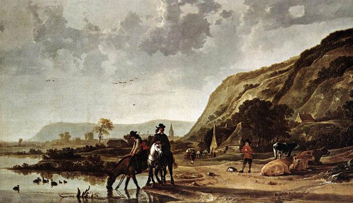 Cuyp Oil Painting Reproductions - Large River Landscape with Horsemen
