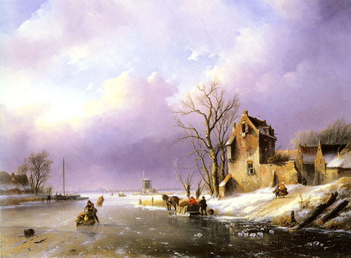 Spohler Oil Painting Reproductions - Winter Landscape with Figures on a Frozen River