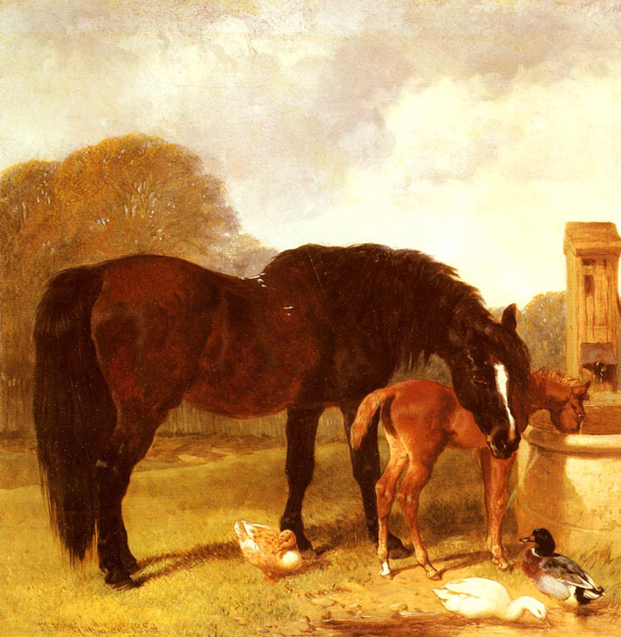 Herring Oil Painting Reproductions - Horse and Foal watering at a trough