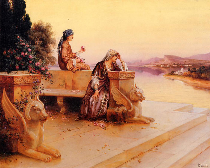Oil Painting Reproduction of Ernst- Elegant Arab Ladies on a Terrace at Sunset