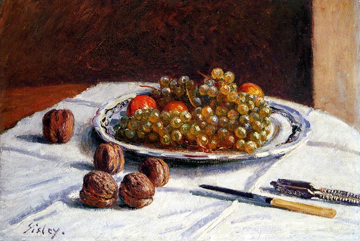 Oil Painting Reproduction of Sisley- Grapes And Walnuts On A Table