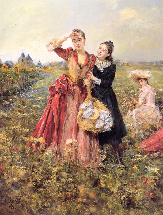Oil Painting Reproduction of Garrido - Picking Wildflowers