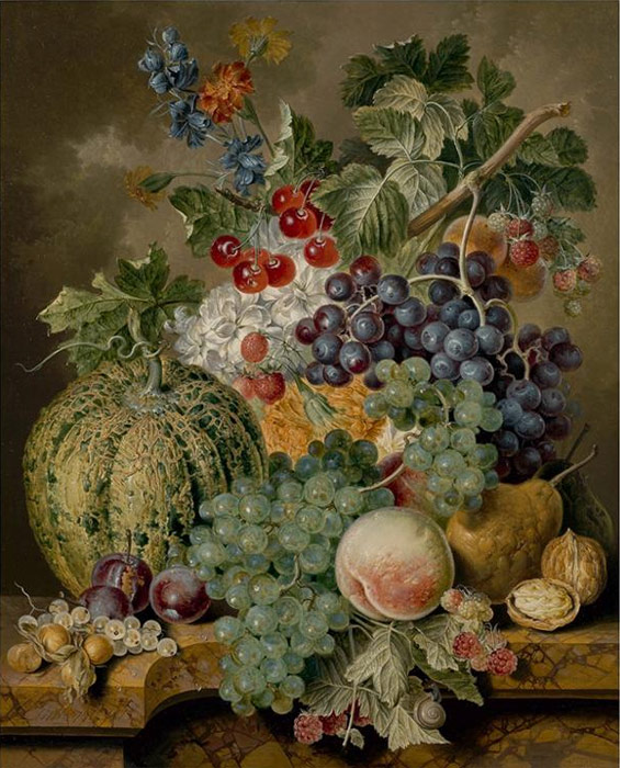 Oil Painting Reproduction of Linthorst - Still life of a melon, white and black grapes