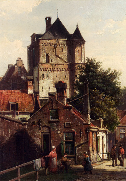 Oil Painting Reproduction of Koekkoek- Figures In The Streets Of Harderwijk