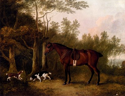 A Bay Hunter And Two Spaniels In A Landscape