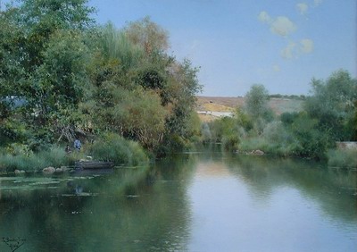 Landscape with boat and men