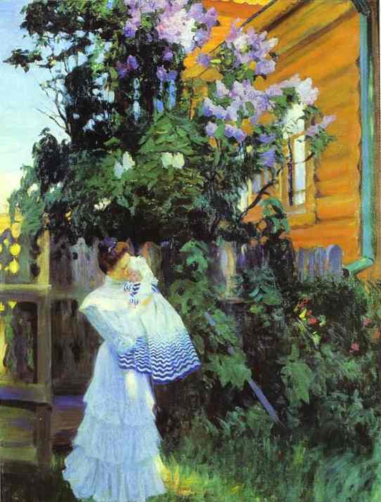 Oil painting: Lilacs. Yu.Ye.Kustodiyeva with Daughter Irina. 1906
