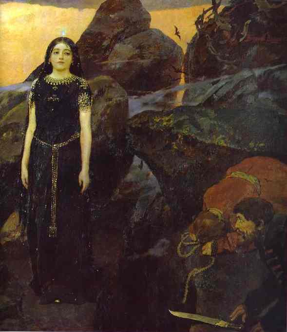 Oil painting:Three Tsarevnas of the Underground Kingdom. Detail. 1884